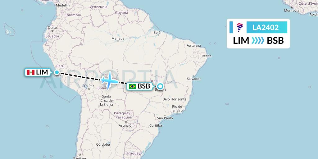 LA2402 LAN Airlines Flight Map: Lima to Brasilia