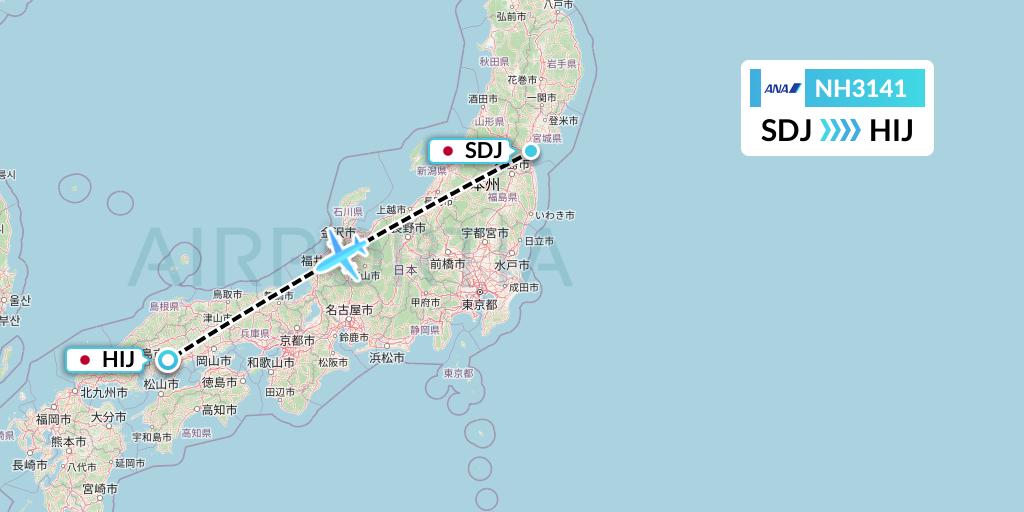 NH3141 All Nippon Airways Flight Map: Sendai to Hiroshima