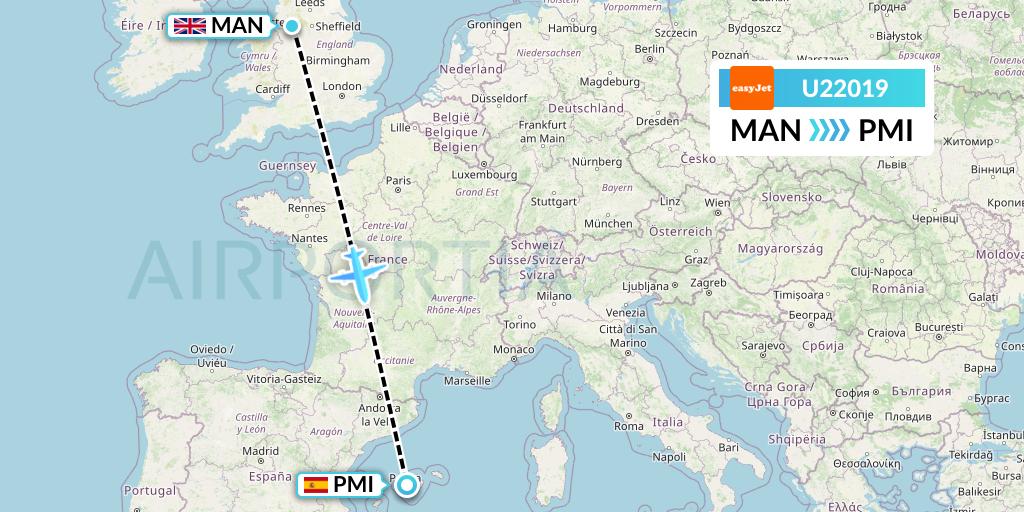U22019 EasyJet Flight Map: Manchester to Palma de Mallorca
