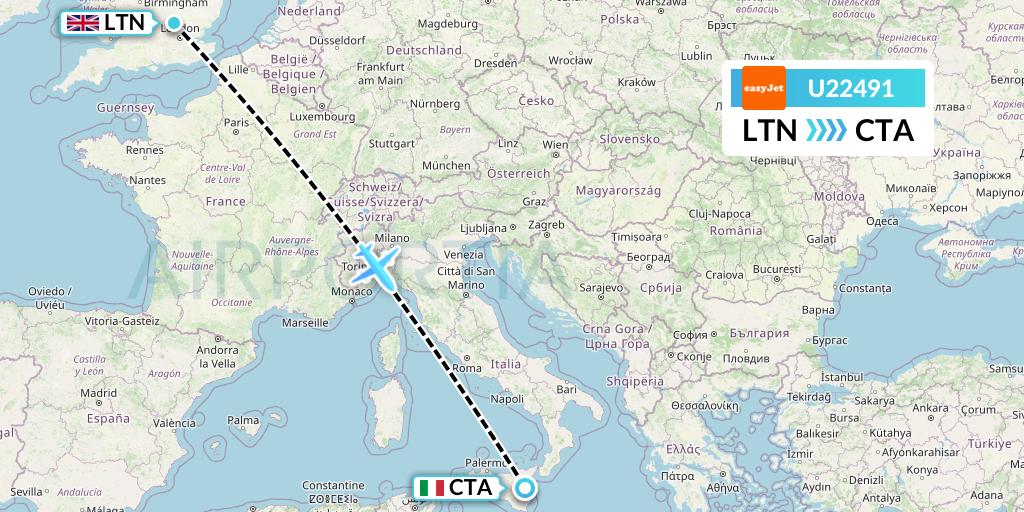 U22491 EasyJet Flight Map: London to Catania
