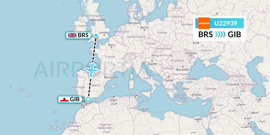 U22939 EasyJet Flight Map: Bristol to Gibraltar