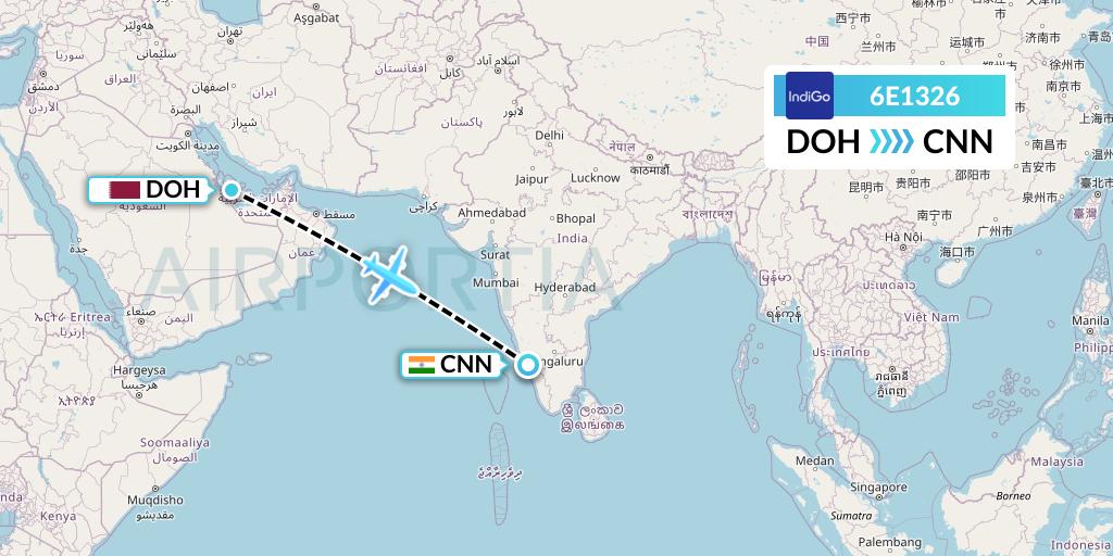 6E1326 IndiGo Airlines Flight Map: Doha to Mattannur