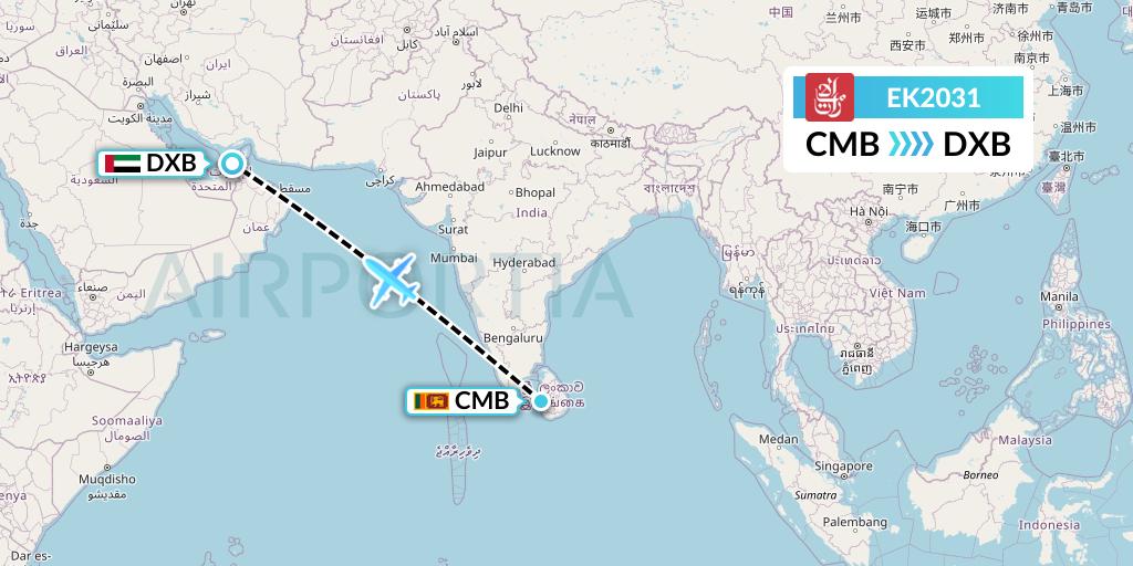 EK2031 Emirates Flight Map: Colombo to Dubai
