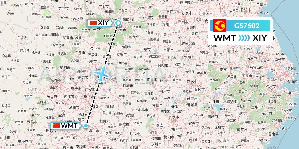 GS7602 Tianjin Airlines Flight Map: Zunyi to Xi'an