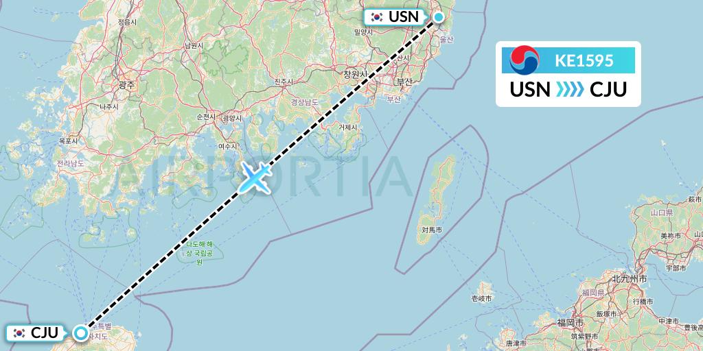 KE1595 Korean Air Flight Map: Ulsan to Jeju
