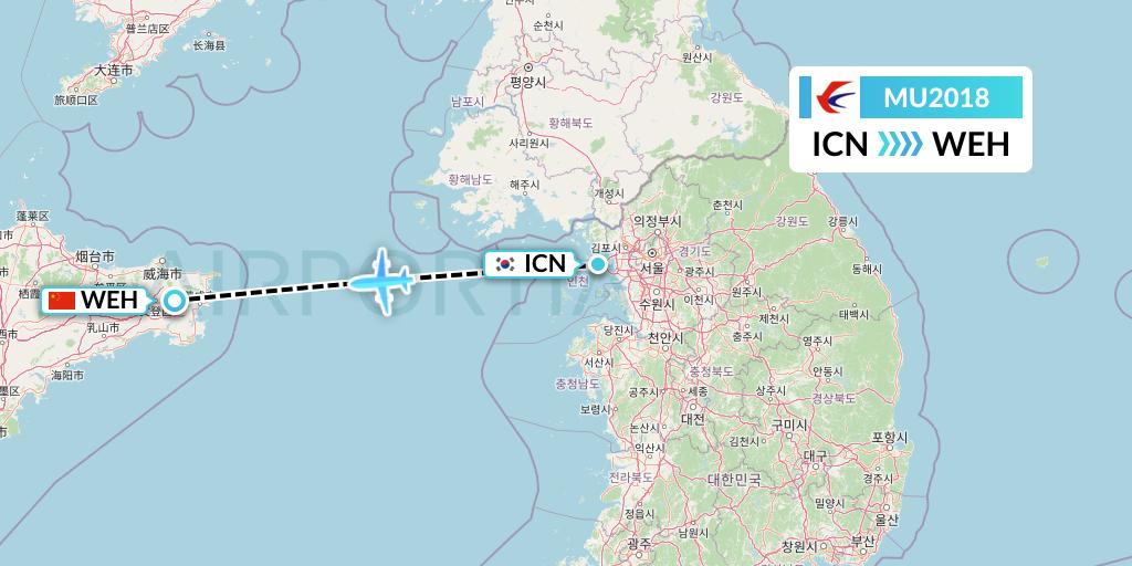 MU2018 China Eastern Airlines Flight Map: Seoul to Weihai