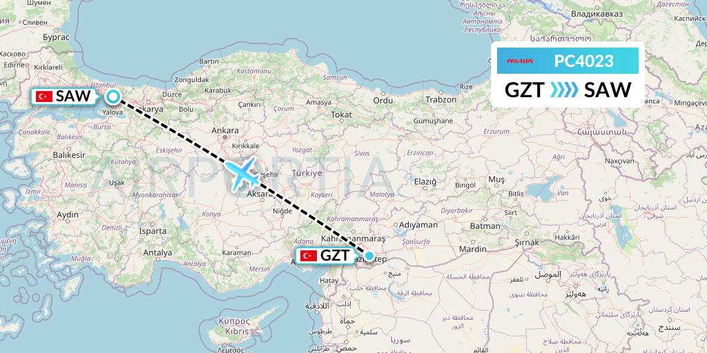 PC4023 Pegasus Airlines Flight Map: Gaziantep to Istanbul