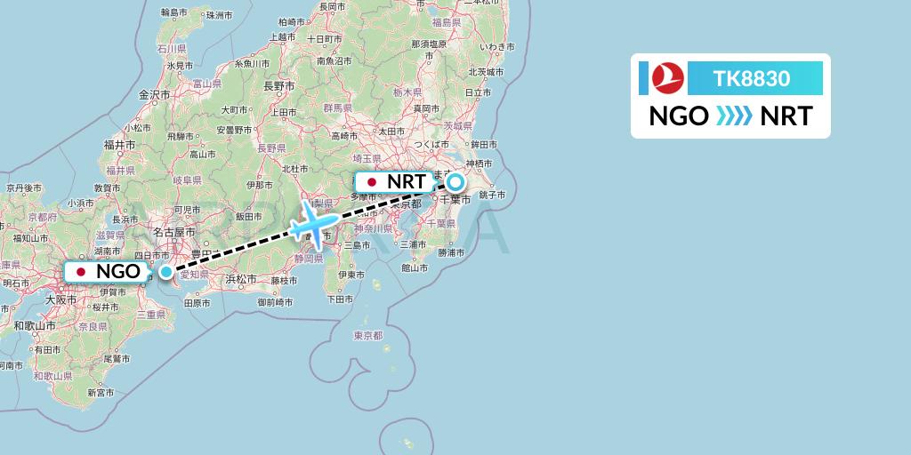 TK8830 Turkish Airlines Flight Map: Nagoya to Tokyo