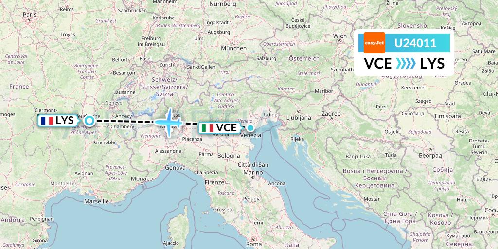 U24011 EasyJet Flight Map: Venice to Lyon