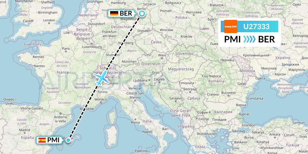 U27333 EasyJet Flight Map: Palma de Mallorca to Berlin