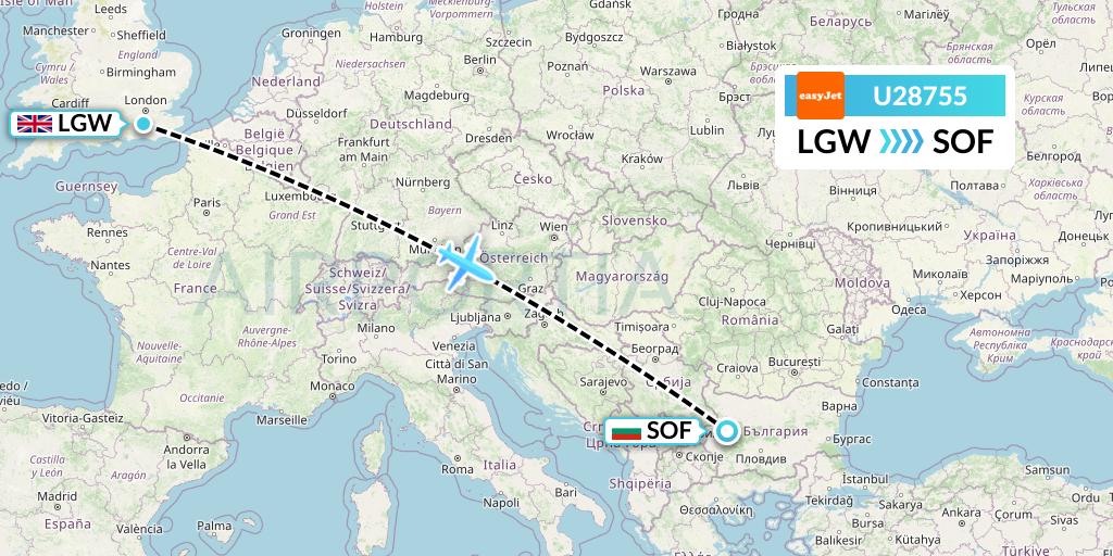 U28755 EasyJet Flight Map: London to Sofia