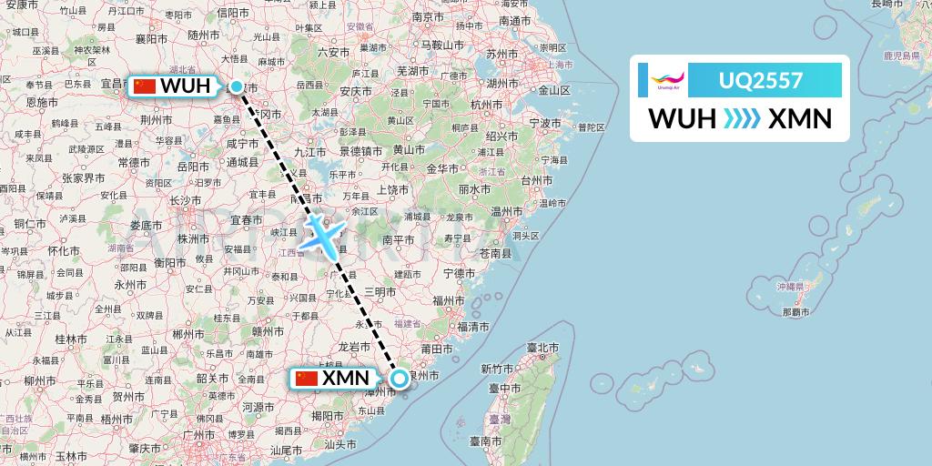 UQ2557 Urumqi Airlines Flight Map: Wuhan to Xiamen