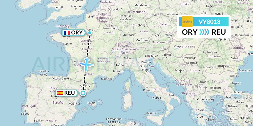 VY8018 Vueling Flight Map: Paris to Reus