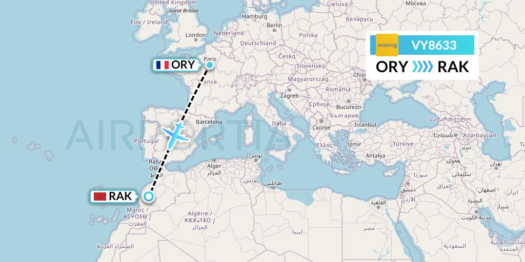 VY8633 Vueling Flight Map: Paris to Marrakesh 