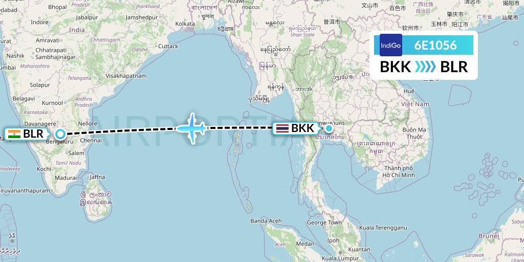 6E1056 IndiGo Airlines Flight Map: Bangkok to Bangalore