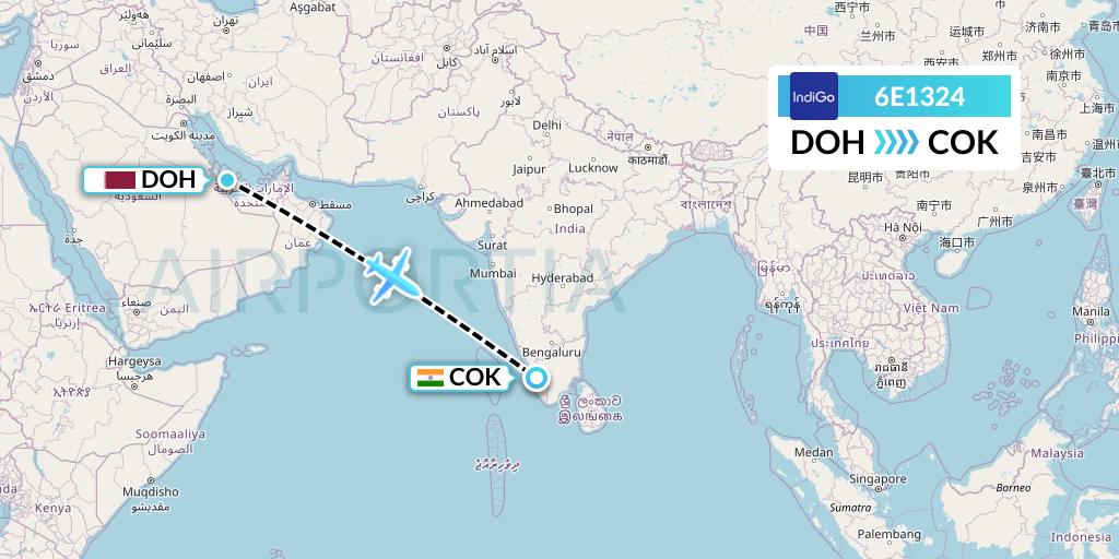 6E1324 IndiGo Airlines Flight Map: Doha to Cochin