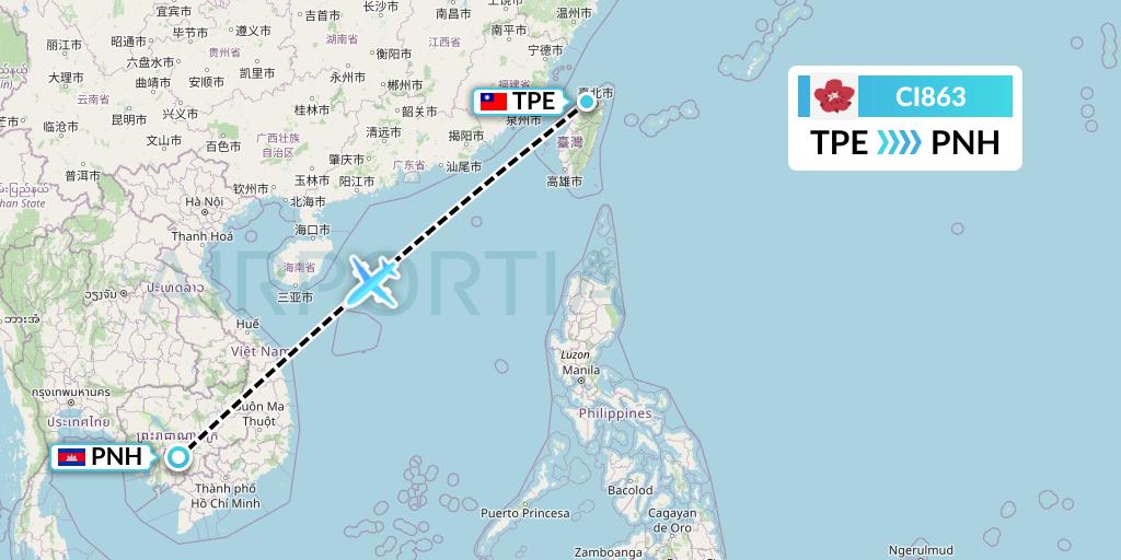 CI863 China Airlines Flight Map: Taipei to Phnom Penh