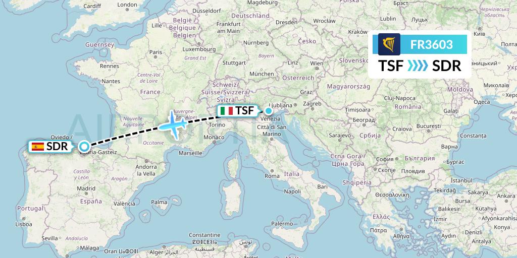 FR3603 Ryanair Flight Map: Treviso to Santander