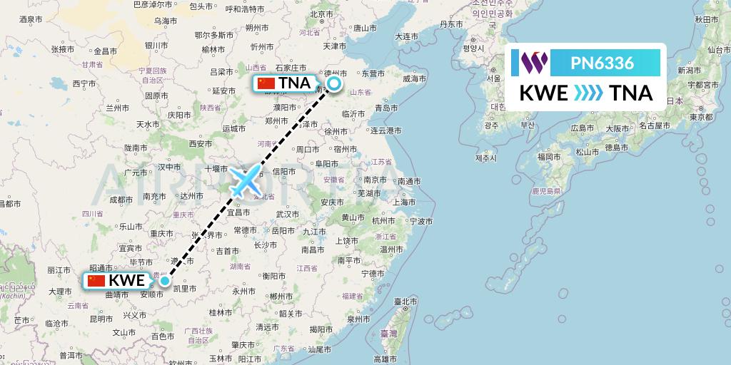 PN6336 China West Air Flight Map: Guiyang to Jinan