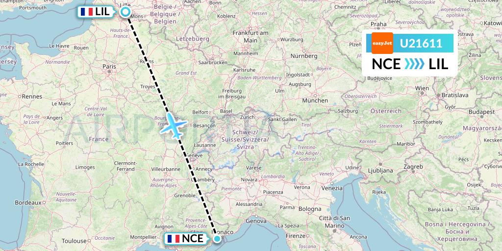 U21611 EasyJet Flight Map: Nice to Lille
