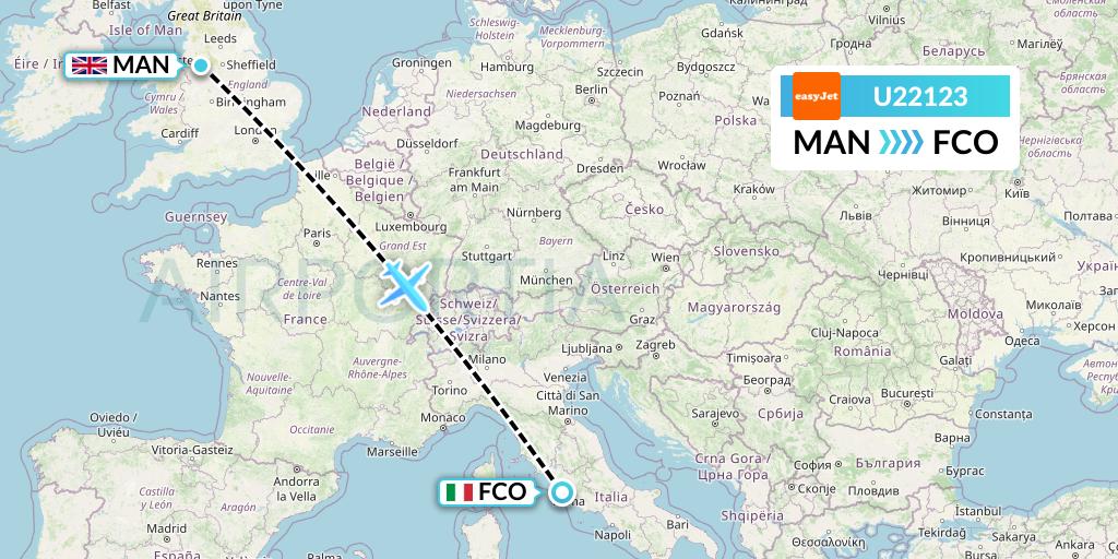 U22123 EasyJet Flight Map: Manchester to Rome