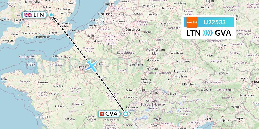 U22533 EasyJet Flight Map: London to Geneva