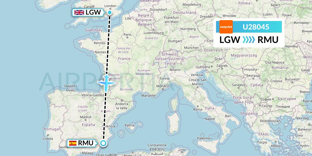 U28045 EasyJet Flight Map: London to Murcia