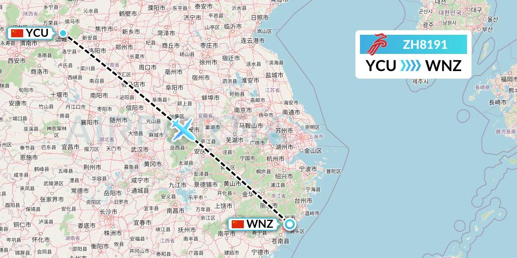 ZH8191 Shenzhen Airlines Flight Map: Yuncheng to Wenzhou