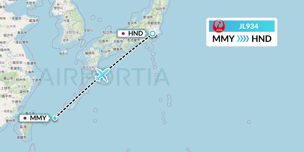 JL934 Japan Airlines Flight Map: Miyako to Tokyo