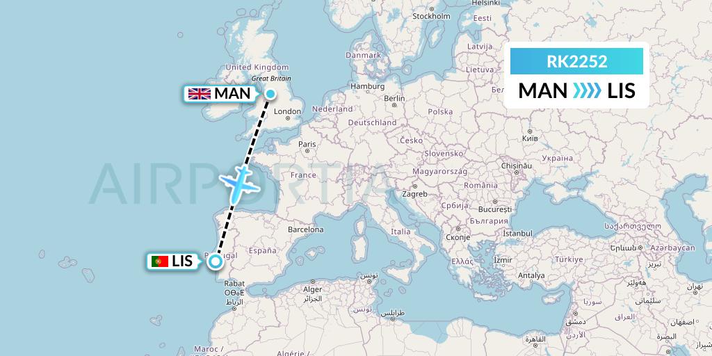 RK2252 Ryanair UK Flight Map: Manchester to Lisbon