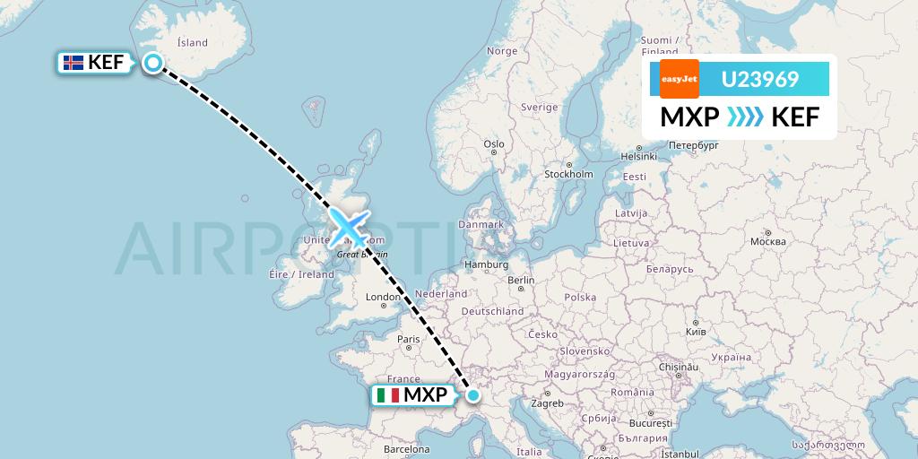 U23969 EasyJet Flight Map: Milan to Reykjavik