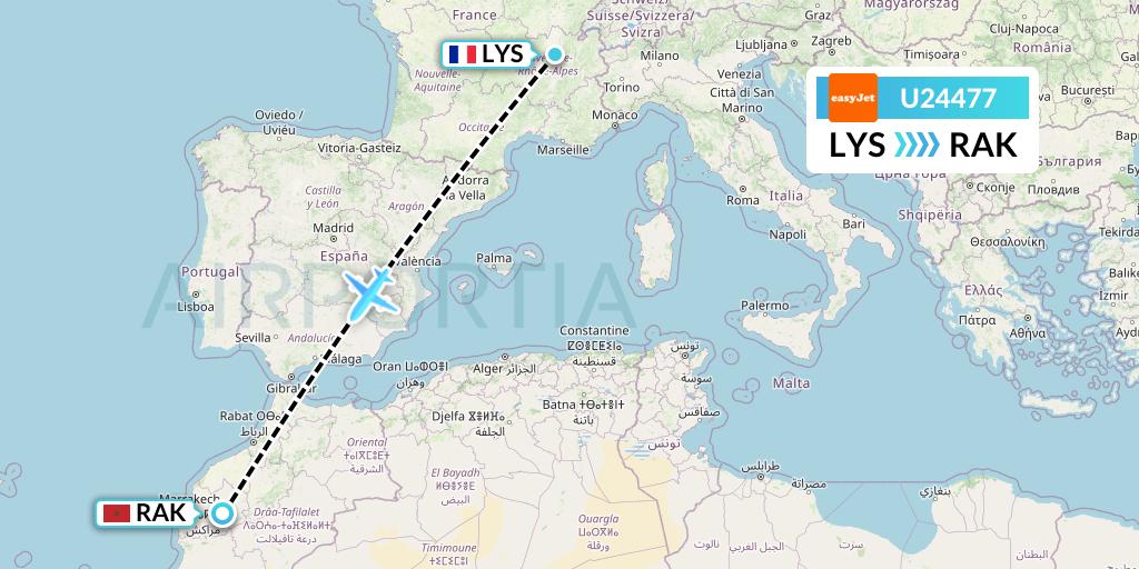 U24477 EasyJet Flight Map: Lyon to Marrakesh 