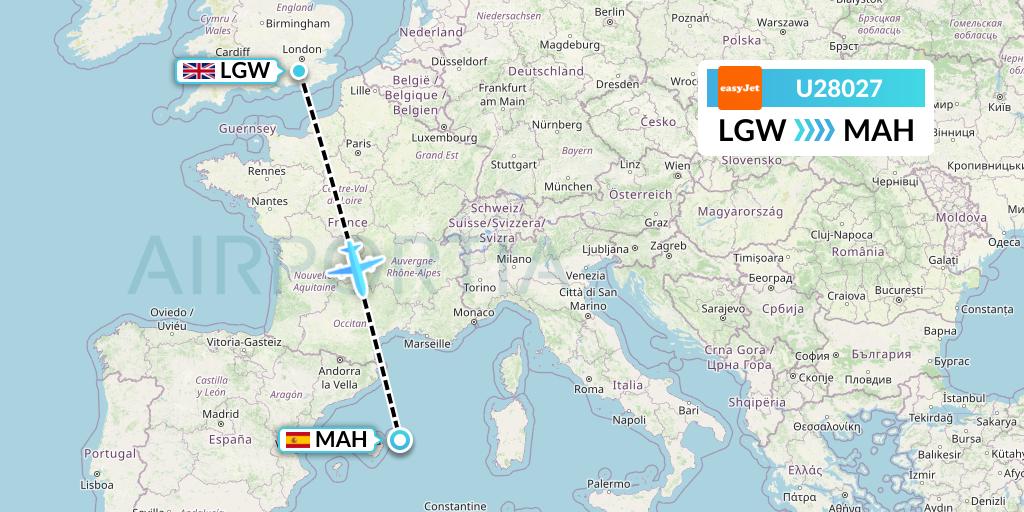 U28027 EasyJet Flight Map: London to Mahon