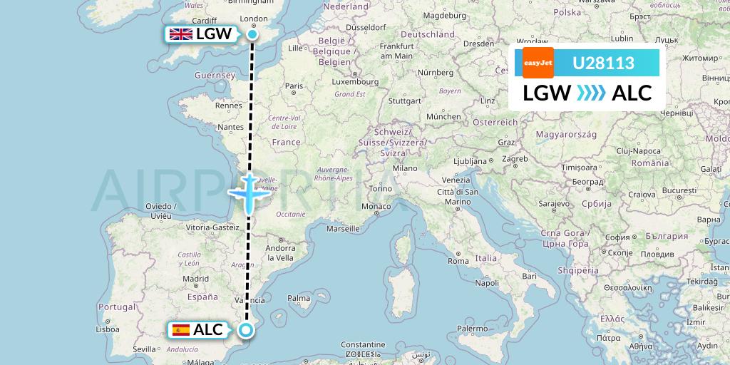 U28113 EasyJet Flight Map: London to Alicante