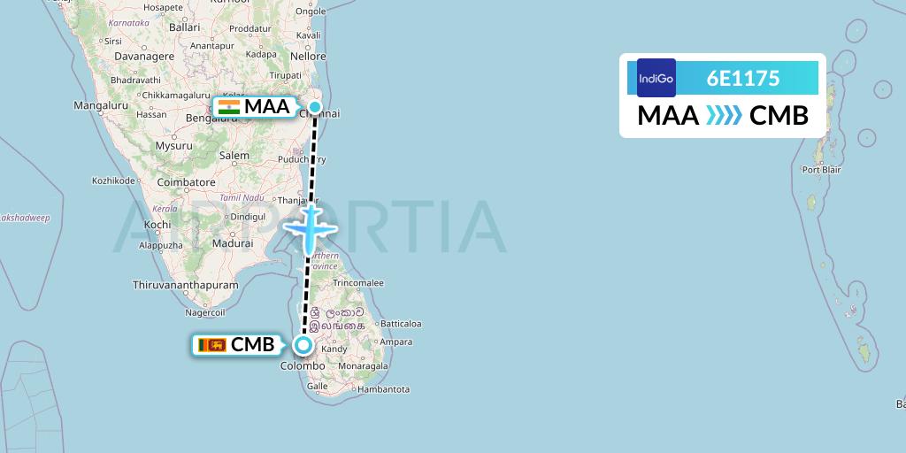 6E1175 IndiGo Airlines Flight Map: Chennai to Colombo