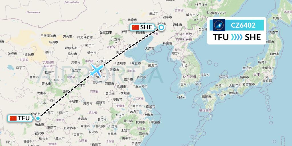 CZ6402 China Southern Airlines Flight Map: Chengdu to Shenyang