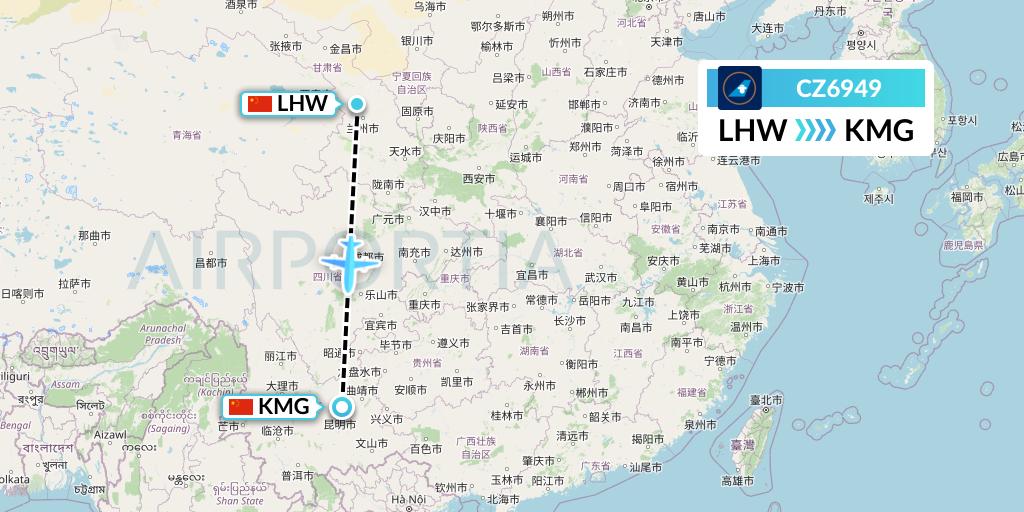 CZ6949 China Southern Airlines Flight Map: Lanzhou to Kunming