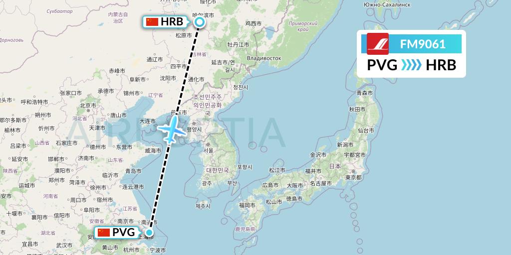 FM9061 Shanghai Airlines Flight Map: Shanghai to Harbin