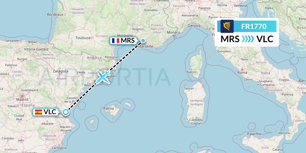 FR1770 Ryanair Flight Map: Marseille to Valencia