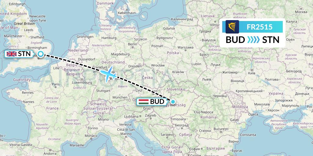 FR2515 Ryanair Flight Map: Budapest to London