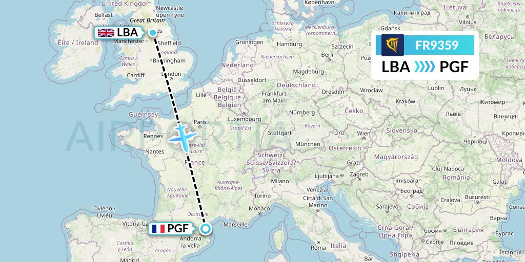 FR9359 Ryanair Flight Map: Leeds to Perpignan
