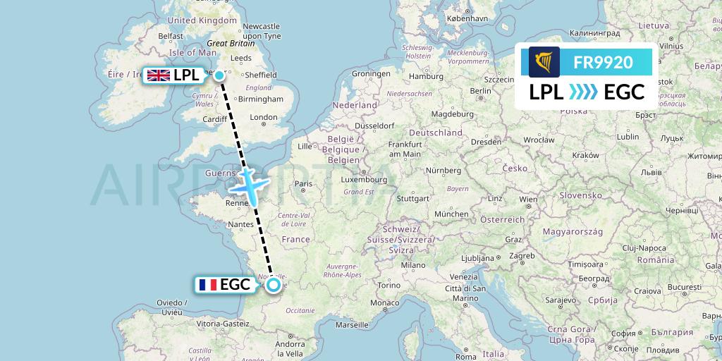 FR9920 Ryanair Flight Map: Liverpool to Bergerac