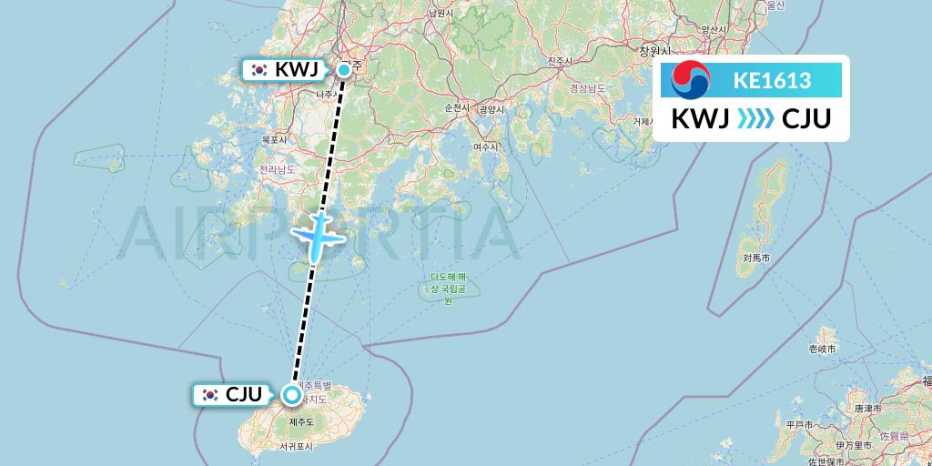 KE1613 Korean Air Flight Map: Gwangju to Jeju