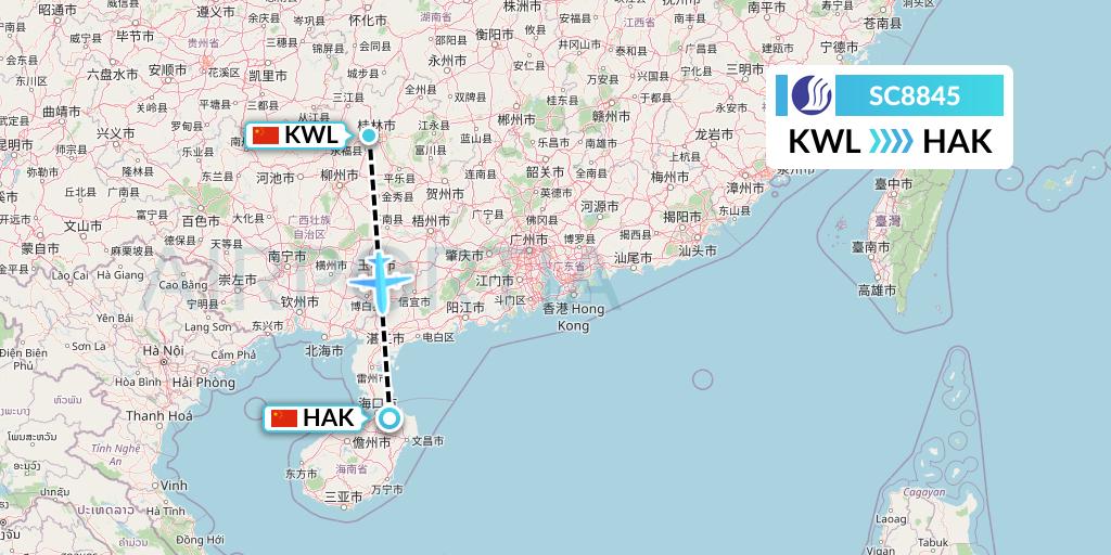 SC8845 Shandong Airlines Flight Map: Guilin to Haikou