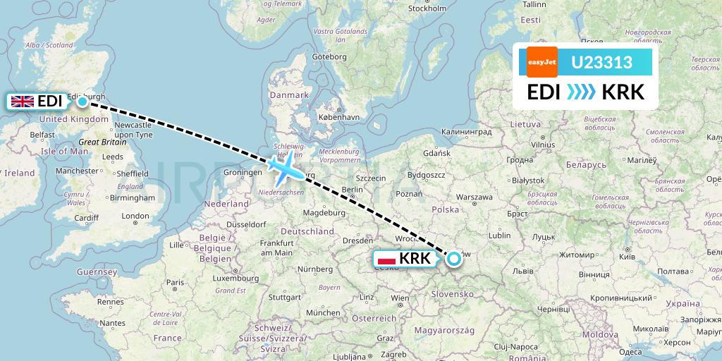 U23313 EasyJet Flight Map: Edinburgh to Krakow