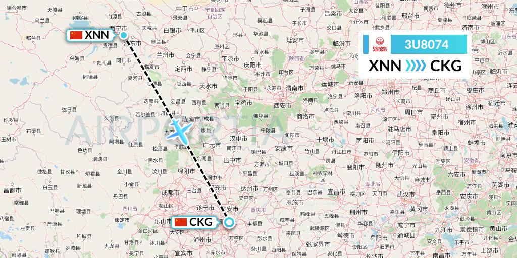 3U8074 Sichuan Airlines Flight Map: Xining to Chongqing