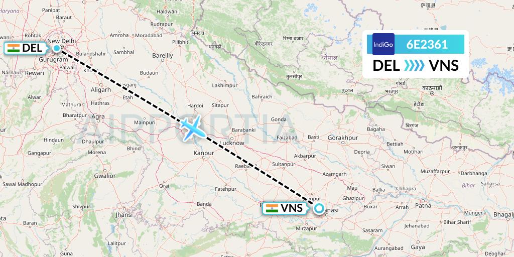 6E2361 IndiGo Airlines Flight Map: Delhi to Varanasi