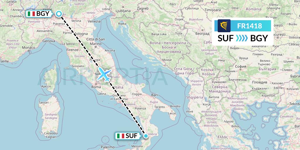 FR1418 Ryanair Flight Map: Lamezia Terme to Milan
