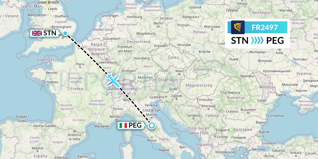 FR2497 Ryanair Flight Map: London to Perugia