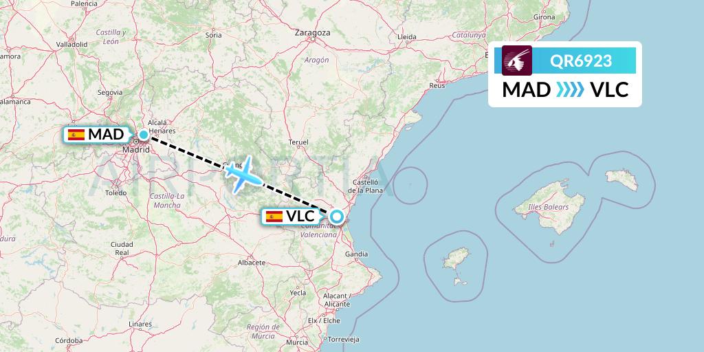 QR6923 Qatar Airways Flight Map: Madrid to Valencia